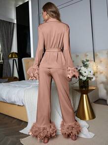 Fuzzy Decorated Belted Pajama Set, Vacation