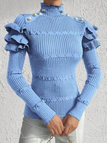 EURMUSE Jersey con diseño de botón ribete con fruncido de cuello alto - Celeste - Ver 5