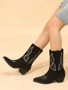 Styleloop 時尚刺繡設計短筒女靴，厚低跟牛仔女靴 - 黑色 - 查看 2