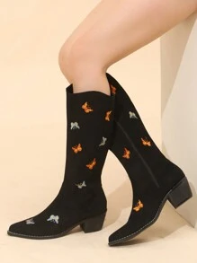Styleloop 時尚刺繡蝴蝶粗跟及膝靴子適合女士 - 黑色 - 查看 3
