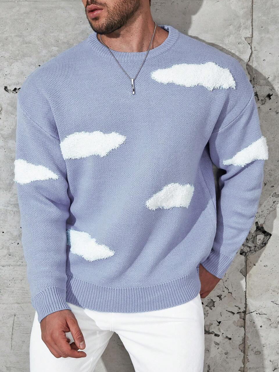 Men's Plus Size Cloud Pattern Drop Shoulder Sweater