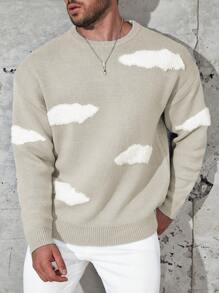 Manfinity Homme Men's Plus Size Cloud Pattern Printed Round Neck Pullover Sweater - Apricot - View 3
