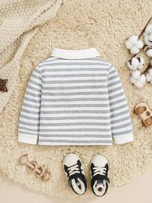 SHEIN 嬰兒中性休閒條紋和拼接撞色短袖polo衫, 長袖上衣 - 黑色 - 查看 2