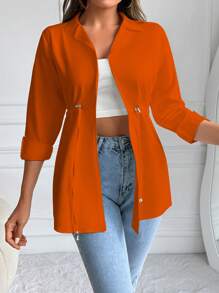 EURMUSE Drawstring Waist Rolled Sleeve Jacket - Red - View 5