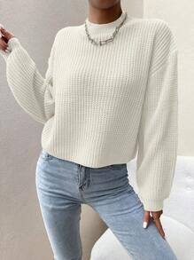 SHEIN Essnce Women's Stand Collar Drop Shoulder Design Long Sleeve Sweater Pullover - White - View 3