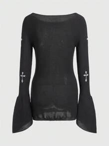 ROMWE PUNK Women's Sweater With Cross Pattern And Flare Sleeves - Olive Green - View 2