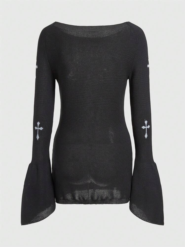 Women's Sweater With Cross Pattern And Flare Sleeves
