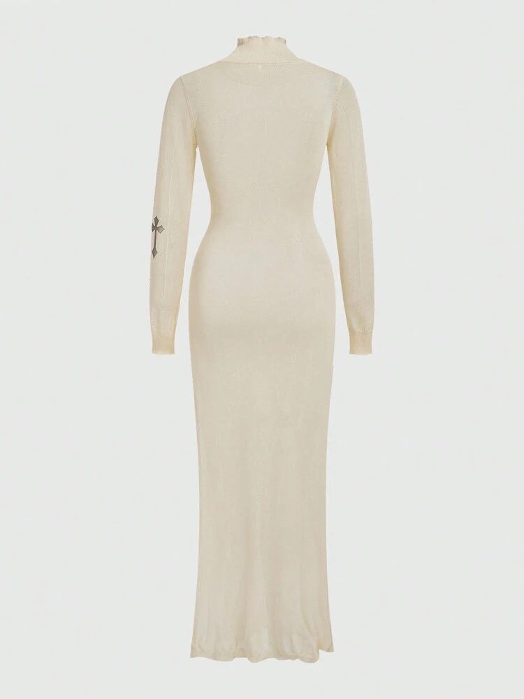 Stand Collar Split Hem Fluffy Knit Dress (Length: Thigh)