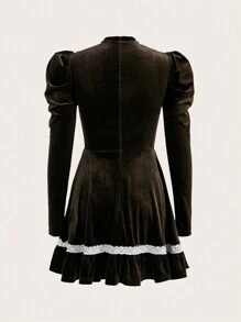 ROMWE PUNK 蕾絲拼接羊腿袖荷葉邊A字連衣裙 - 棕色 - 查看 2