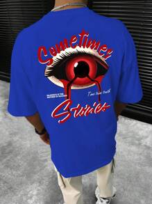 Lỏng lẻo phù hợp Nam Mắt in Ngắn tay Áo thun - Màu xanh lam - Xem 1