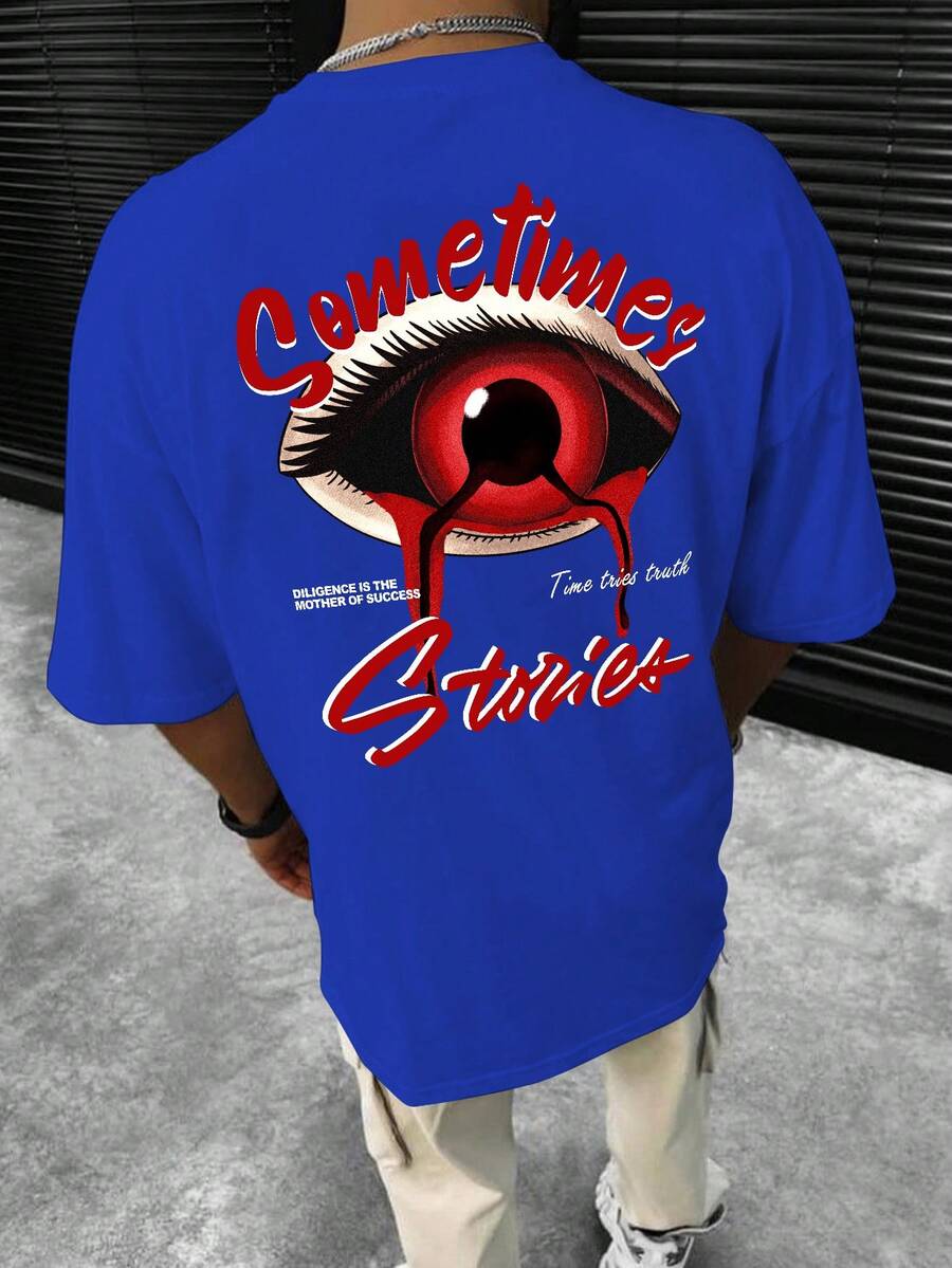 Lỏng lẻo phù hợp Nam Mắt in Ngắn tay Áo thun - Màu xanh lam - Xem 1