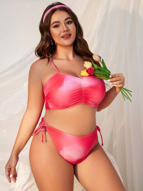 Swim Mod Conjunto de bikini degradado con detalle fruncido en tallas grandes para verano