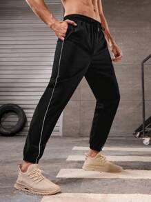 Manfinity Sport Corelite 男士側條紋彈性腰運動褲 - 黑色 - 查看 1