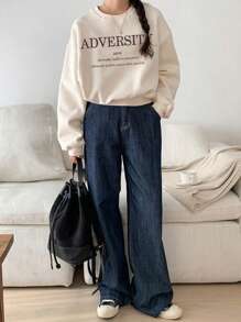DAZY Loose Fit Sweatshirt With Slogan Print,Fall Clothes