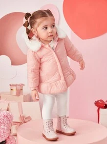 SHEIN 女童休闲保暖厚款保暖内衬连帽长袖夹克，适合秋冬季户外活动 - 粉色 - 查看 5