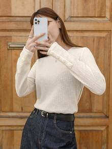 DAZY 女款純色修身圓領羅紋羈絆 T 卹 - 米色 - 查看 2