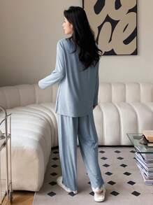 DAZY Lace Patchwork Long Sleeve Pajama Set - Baby Blue - View 2
