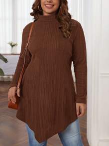 SHEIN LUNE 不对称下摆大码高领 T 恤 - 卡其色 - 查看 4