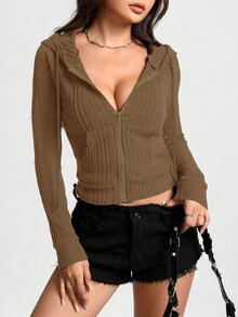 SHEIN Unity 女士拉鍊前開帽衫 - 摩卡棕 - 查看 3