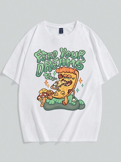 تي شيرت رجالي قطني مع كرتون وشعار إبداعي