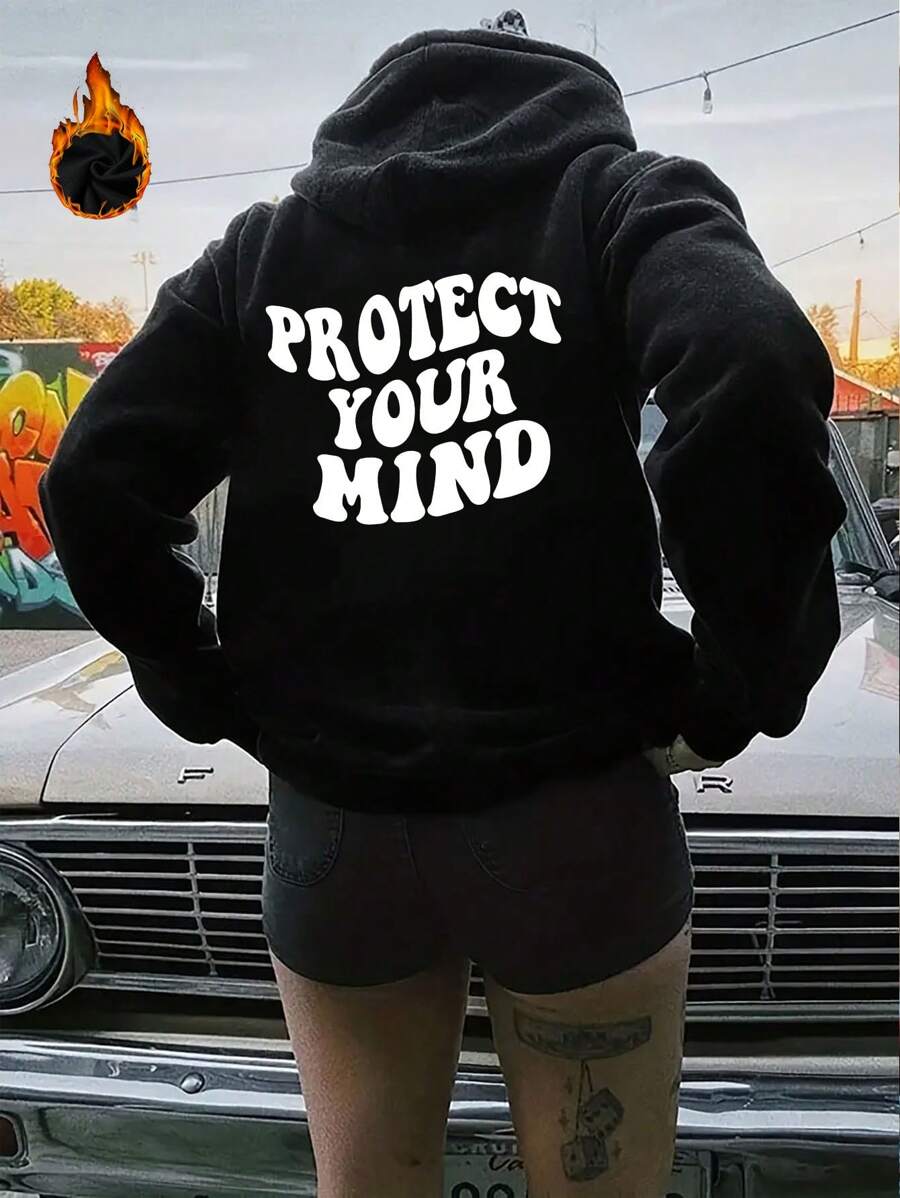 Của phụ nữ Kích thước lớn In thư Dây rút áo có mũ Lông cừu Áo nỉ - màu đen - Xem 1