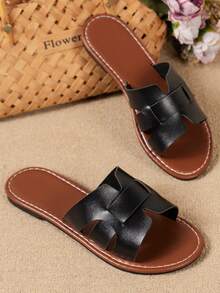 韩版休闲平底凉鞋，夏季露趾拖鞋，秋季新款编织罗马风沙滩鞋，夏季女士时尚搭配裙装去海滩，波西米亚风度假平底凉鞋，易穿沙滩拖鞋 - 黑色 - 查看 5