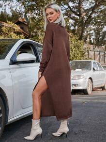 SHEIN LUNE 女裝純色腰帶毛衣連衣裙 - 咖啡棕 - 查看 2