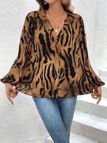 SHEIN Clasi Tiger Striped Print Lantern Sleeve Blouse - Multicolor - View 6