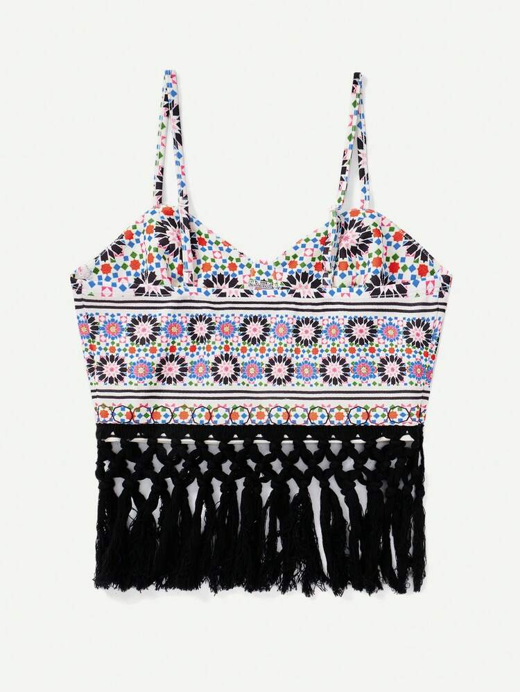Women's Geometric Print Cami Top With Tassel Hem