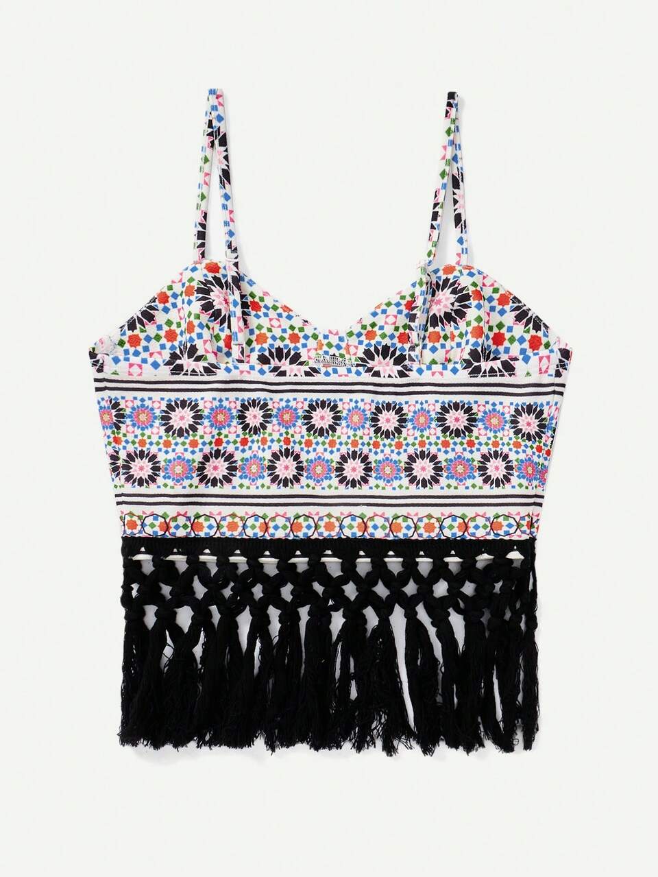 Women's Geometric Print Cami Top With Tassel Hem