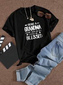 SHEIN LUNE 女性標語印花短袖 T 恤 - 黑色 - 查看 1