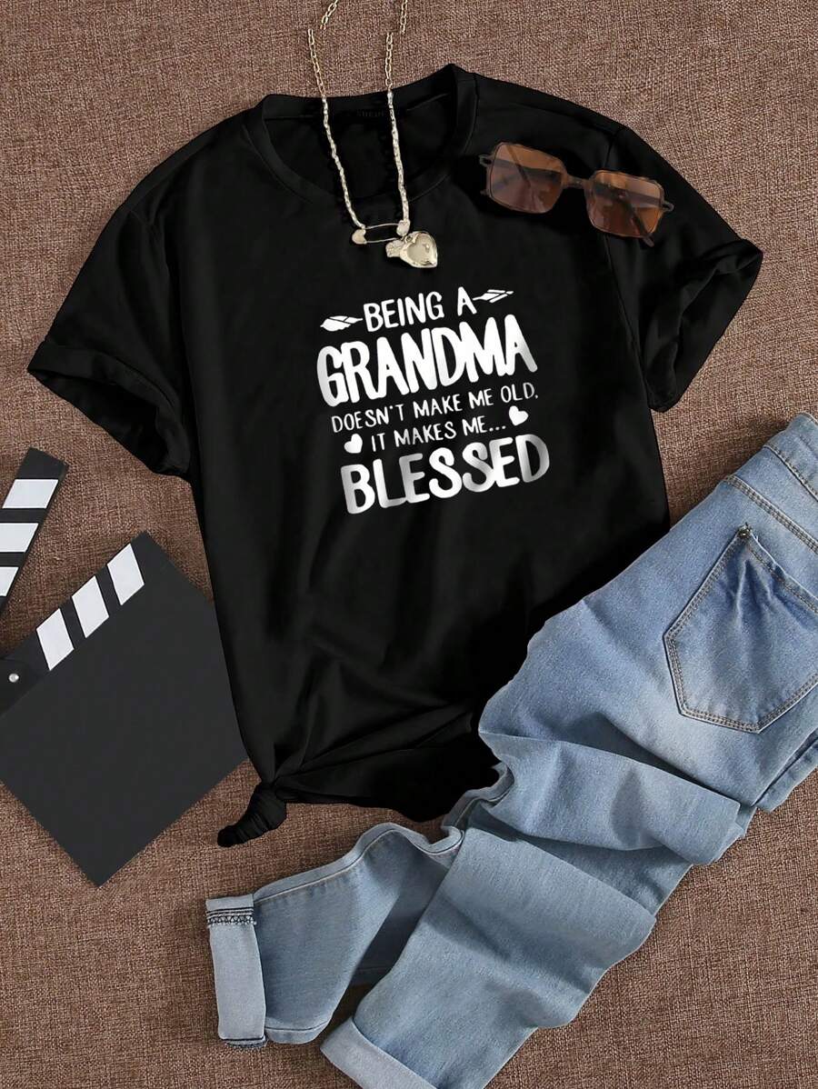 SHEIN LUNE 女性標語印花短袖 T 恤 - 黑色 - 查看 1