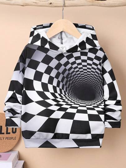 SHEIN Young Boys' Casual Comfortable Hooded Sweatshirt With Plaid Ombre Design