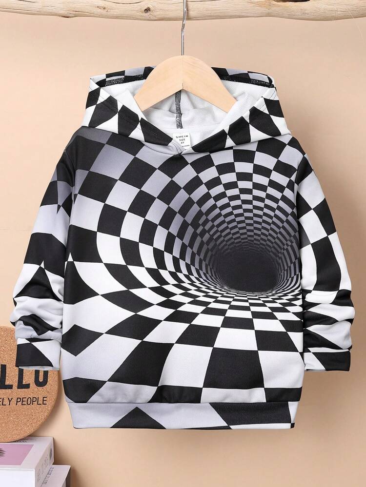 Young Boys' Casual Comfortable Hooded Sweatshirt With Plaid Ombre Design
