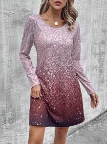 EMERY ROSE 圓領長袖漸層連衣裙 - 粉色 - 查看 1