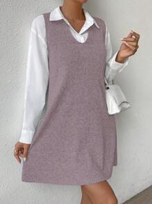 SHEIN LUNE 女士無袖短款毛衣連衣裙 - 藕粉色 - 查看 1