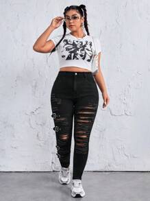 SHEIN ICON 大尺碼女士金屬鈕扣破洞牛仔褲 - 黑色 - 查看 5