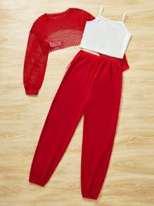 少女网眼罩衫、字母印花吊带背心和慢跑裤休闲 3 件套毕业服装 - 紅色 - 查看 2