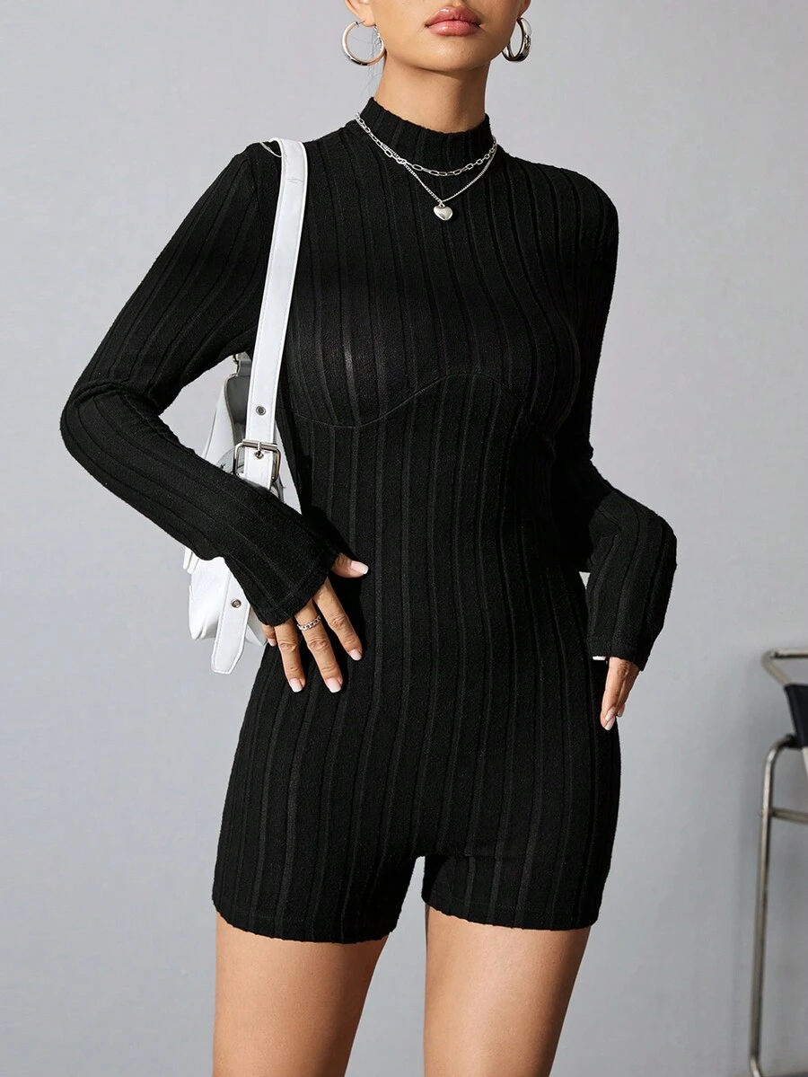 SHEIN Unity 立領肋紋修身連體裝 - 黑色 - 查看 1