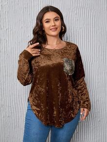 SHEIN LUNE Plus Size Women's Sequin Pocket Velvet T-shirt - Brown - View 5