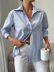 EURMUSE Women's Blue Striped Shirt - Blue and White - View 5