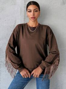 RueChic Cotton Women's Solid Color Fringed Edges Drop Shoulder Sweatshirt - Brown - View 4