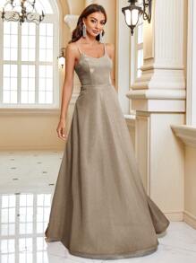 SHEIN Belle Quý cô Màu thuần Đầm Party Với Dây đai mỏng - Vàng - Xem 3