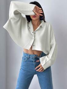 EURMUSE Solid Drop Shoulder Button Up Cardigan - Beige - View 5