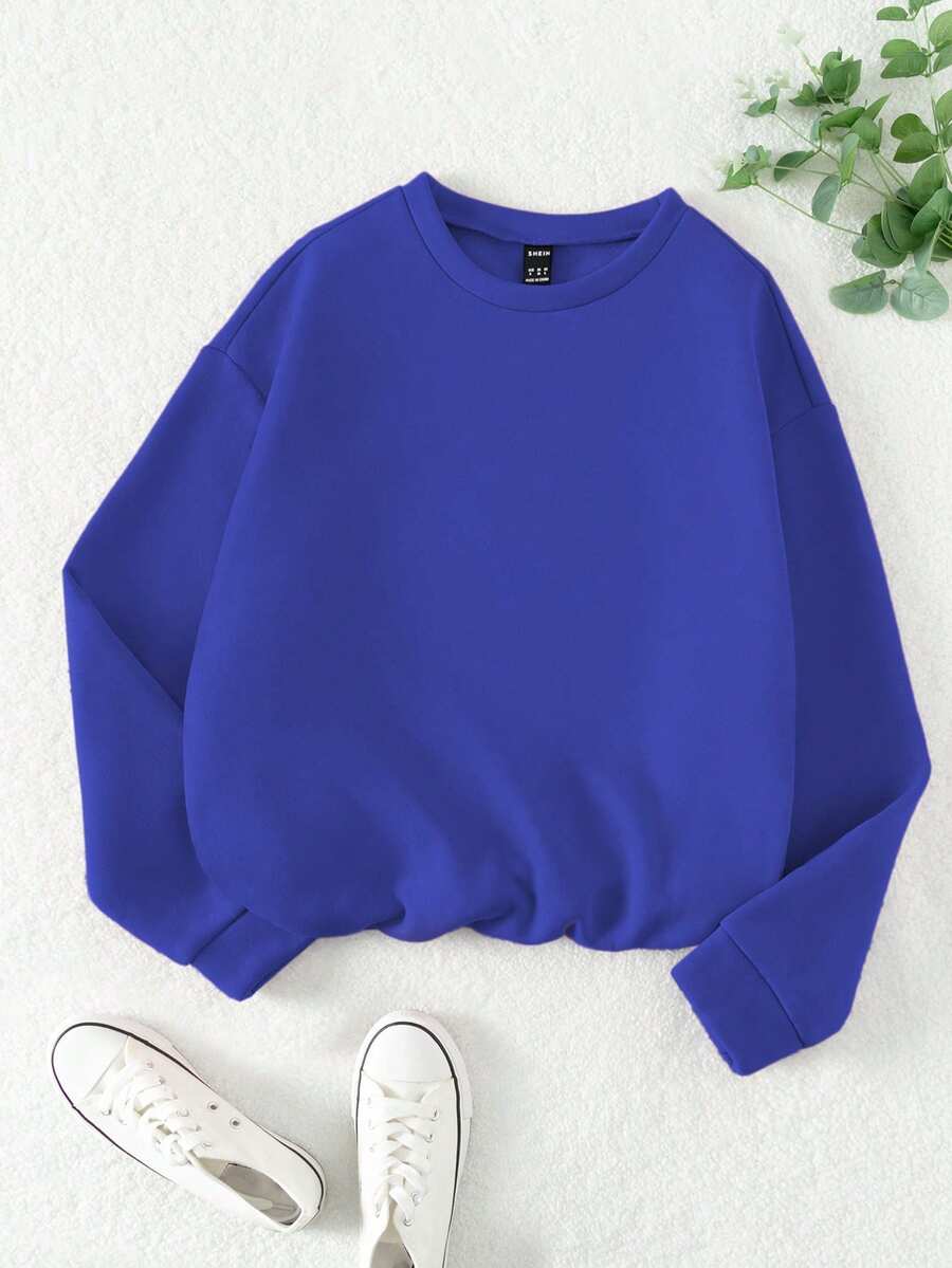 SHEIN LUNE Của phụ nữ Màu thuần Thả vai Lông cừu Áo nỉ - Màu xanh lam - Xem 1