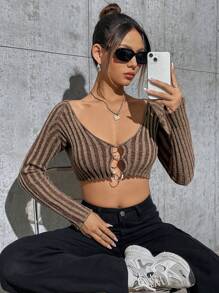 SHEIN Unity Women's Striped Ring Cardigan Fall Cloth For Women - Coffee Brown - View 5