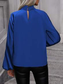 SHEIN Clasi Women's Lock Hole Collar Lantern Sleeve Shirt - Royal Blue - View 2