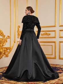 Faeriesty Đầm dự tiệc sang trọng tay dài bằng vải satin sequin tương phản - màu đen - Xem 2