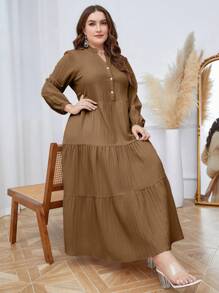 Mulvari Plus Size Women's Long Sleeves Ruffle Hem Dress Maxi Women Outfit Fall Cloth For Women - Brown - View 1