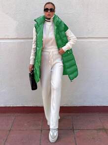 EURMUSE Women's Sleeveless Hooded Zipper Closure Padded Jacket - Green - View 3